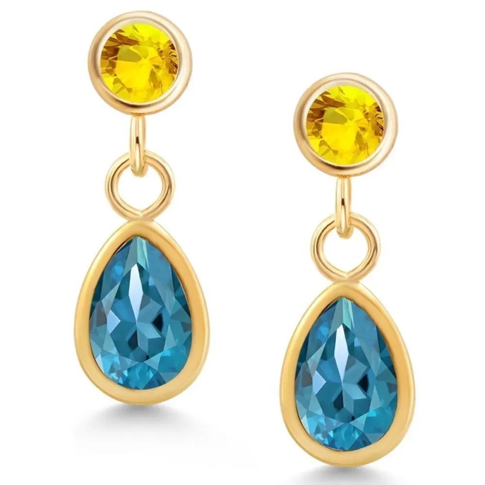 14K Yellow Gold with 1.07 Cttw London Blue Topaz and Yellow Sapphire Earrings
